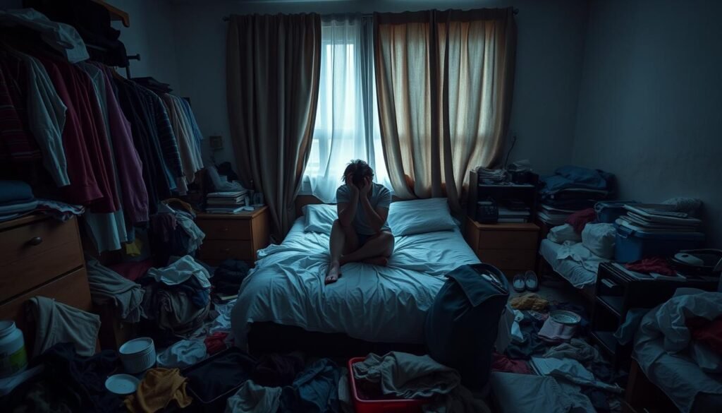 A cluttered and dimly lit bedroom, with clothes, dishes, and other items strewn about haphazardly. In the center, a person sitting on the edge of an unmade bed, their head in their hands, expression conveying exhaustion and neglect. The curtains are drawn, casting a gloomy, low-key lighting throughout the scene. The atmosphere is one of overwhelming apathy and a lack of self-care, with the person's surroundings reflecting their internal state of being.