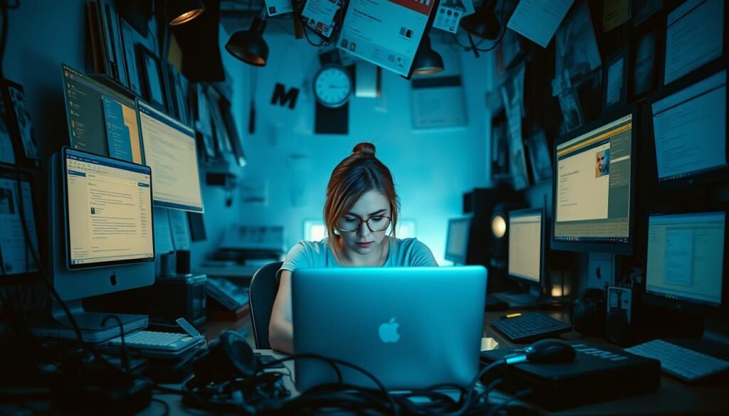 A crowded, cluttered digital workspace with an overwhelming array of open windows, notifications, and distractions. Dim, bluish lighting casts a weary glow, while a tangle of cables and devices clutter the foreground. In the middle ground, a frazzled, bespectacled woman sits hunched over her laptop, her expression one of distress and fatigue. The background is hazy, blurred, suggesting a sense of being lost and disconnected from the physical world. Subtle film grain and a muted color palette evoke a sense of digital burnout and sensory overload.