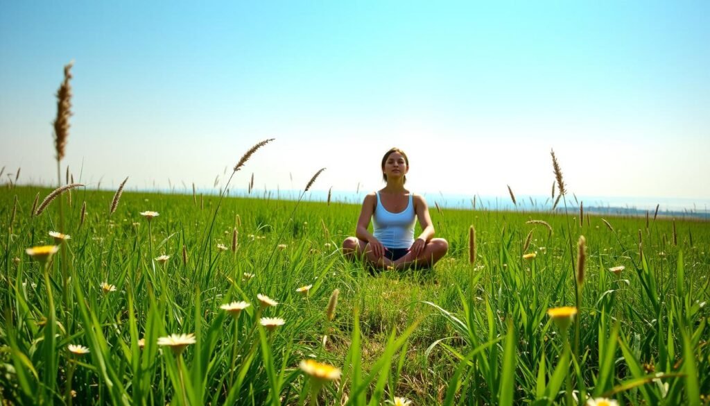 A serene, sunlit meadow with lush, verdant grasses and delicate wildflowers in the foreground. In the middle ground, a person seated in a comfortable cross-legged position, eyes closed, exuding a sense of tranquility and inner peace. The background features a distant, hazy horizon with a clear, azure sky, conveying a feeling of expansiveness and limitless possibilities. The lighting is soft and diffused, creating a warm, natural ambiance. The overall scene evokes a sense of rejuvenation, mindfulness, and the restorative benefits of disconnecting from digital distractions.